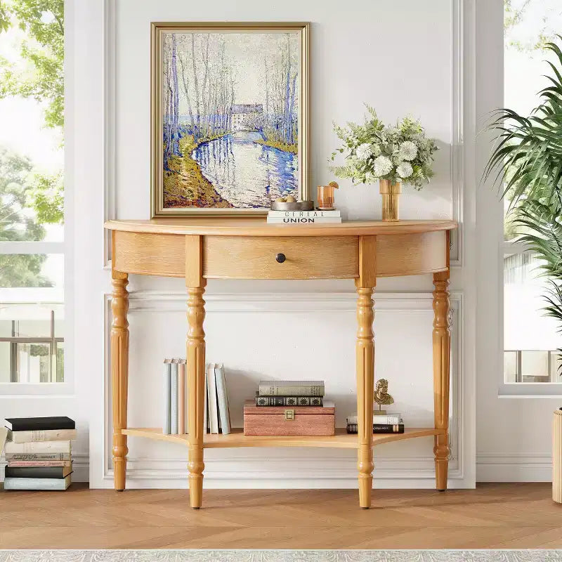 Console de table demi-lune avec tiroir et étagère de rangement