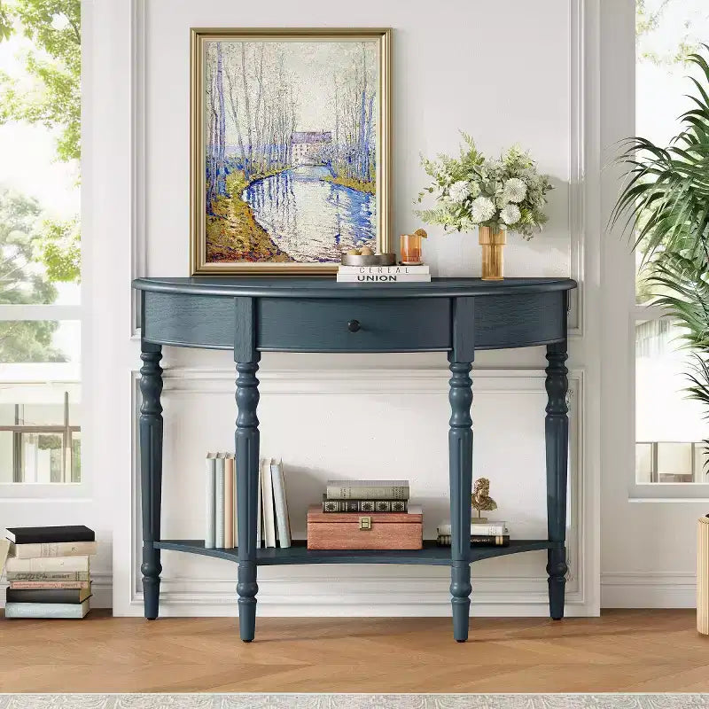 Console de table demi-lune avec tiroir et étagère de rangement
