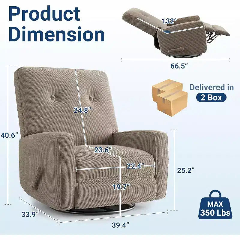 Fauteuil inclinable pivotant et basculant surdimensionné en lin, avec fonction de glisse à 360°