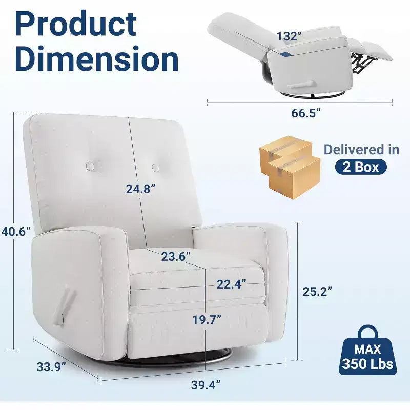 Fauteuil inclinable pivotant et basculant surdimensionné en lin, avec fonction de glisse à 360°