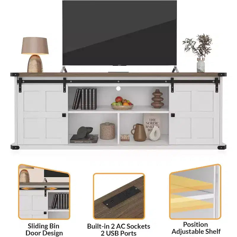 Meuble TV de ferme avec rangement, porte coulissante de style grange et prise de courant