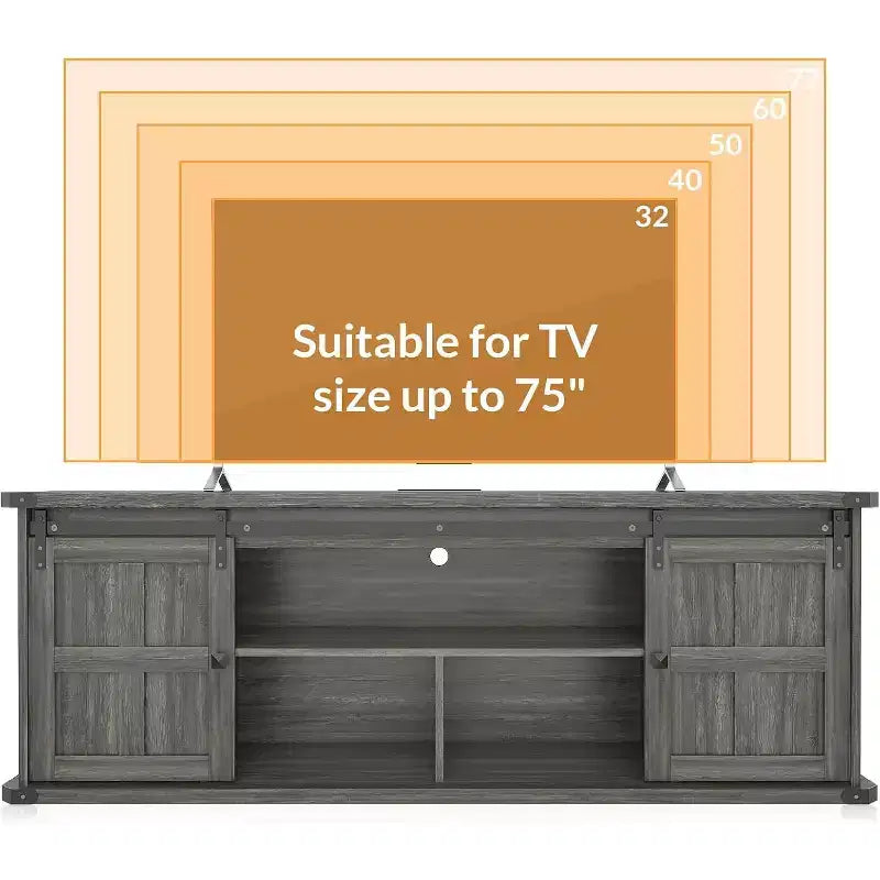Meuble TV de ferme avec rangement, porte coulissante de style grange et prise de courant