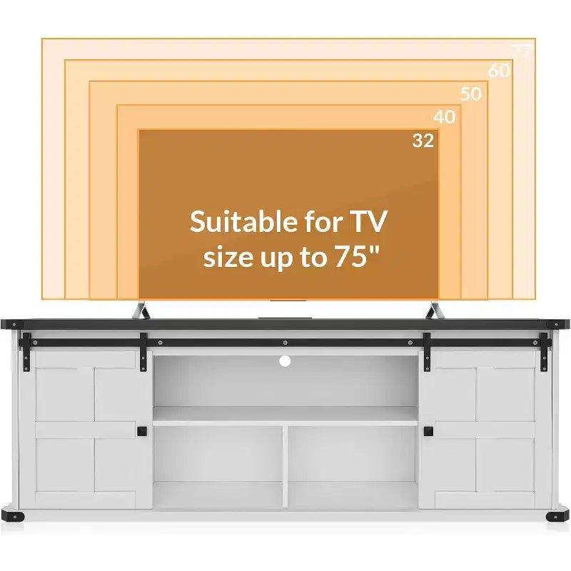 Meuble TV de ferme avec rangement, porte coulissante de style grange et prise de courant