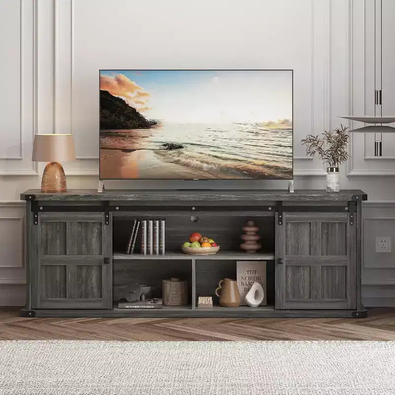 Farmhouse TV Stand for 75/80 TVs 70 Cabinet with Storage Sliding Barn Door Power Outlet Entertainment Console for Living Room