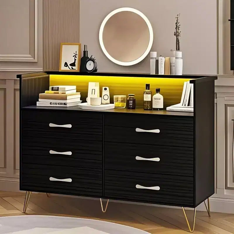 6-Drawer Dresser with Surround Edge Black MDF+PB+Iron LED Lights & Outlets for Bedroom & Home Office