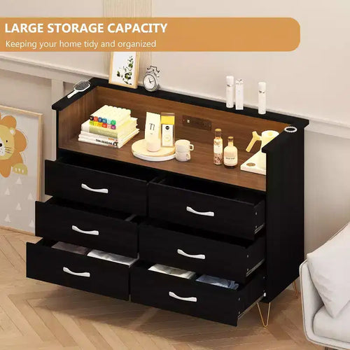 Commode 6 tiroirs Edge Noir MDF+PB+Fer Éclairage LED et prises électriques
