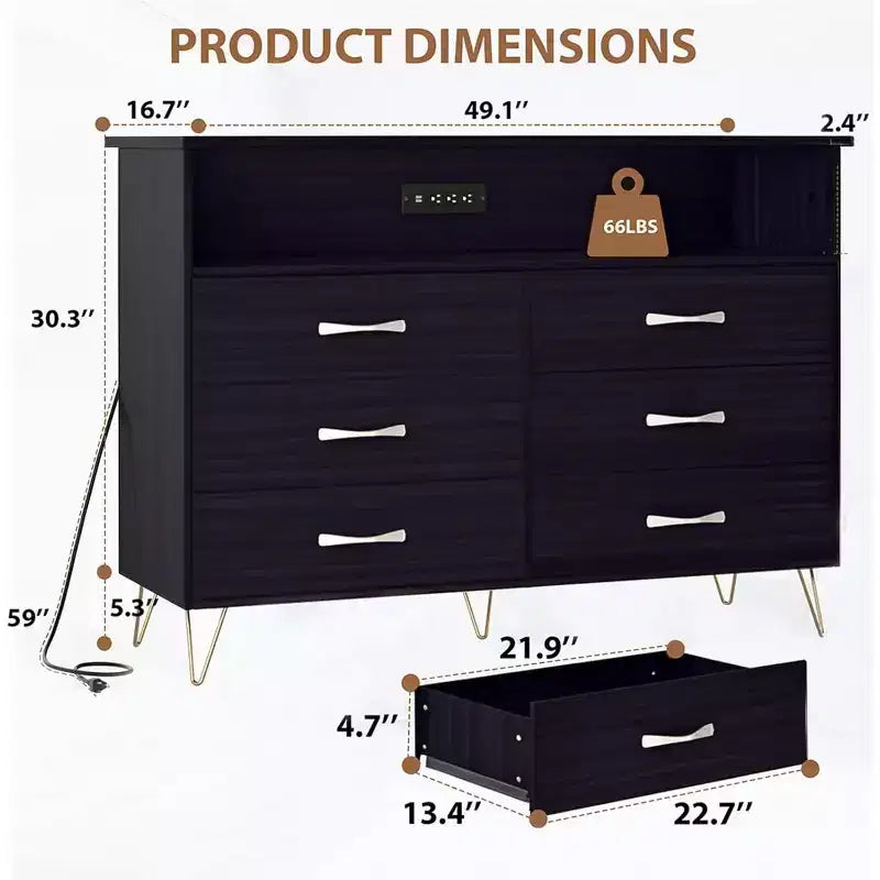 Commode 6 tiroirs Edge Noir MDF+PB+Fer Éclairage LED et prises électriques