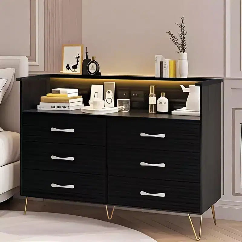 Commode 6 tiroirs Edge Noir MDF+PB+Fer Éclairage LED et prises électriques