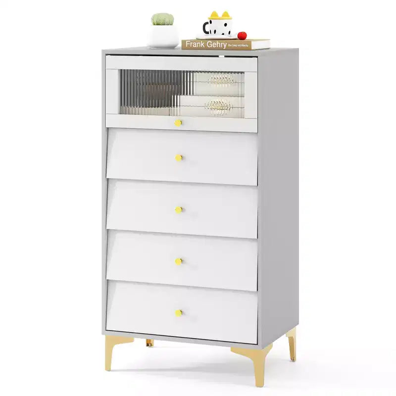 Commode 4 tiroirs avec porte en verre cannelé