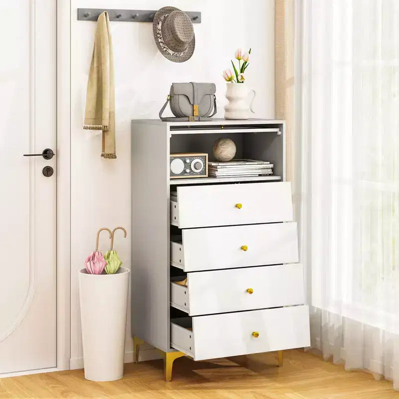 Commode 4 tiroirs avec porte en verre cannelé
