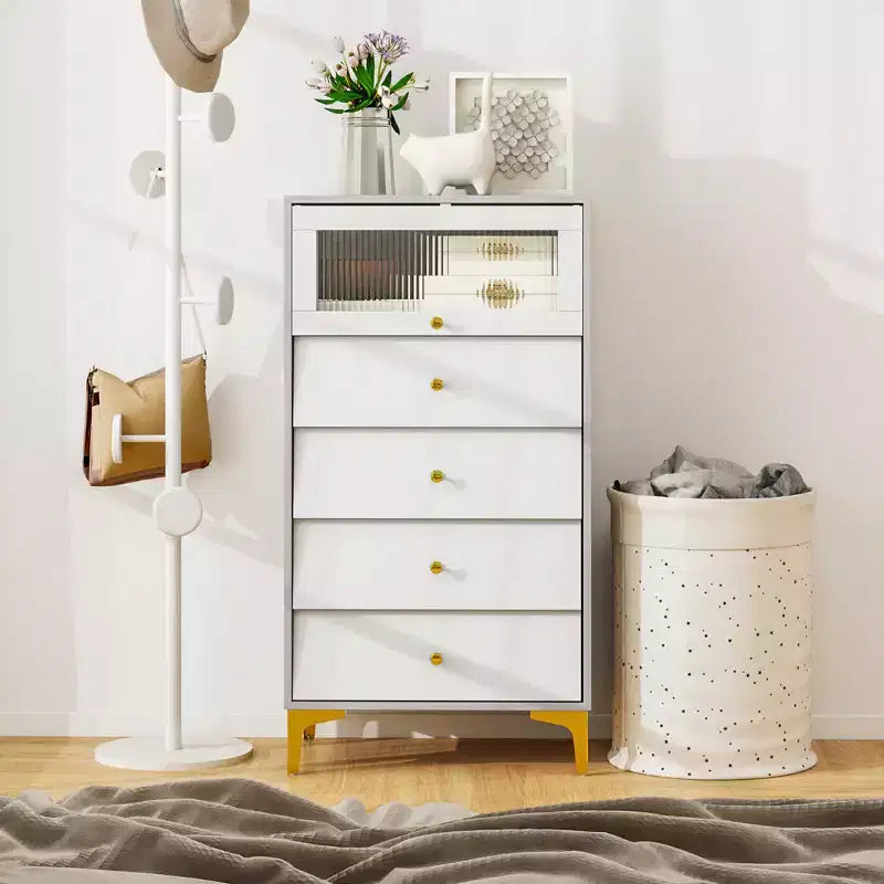 Commode 4 tiroirs avec porte en verre cannelé