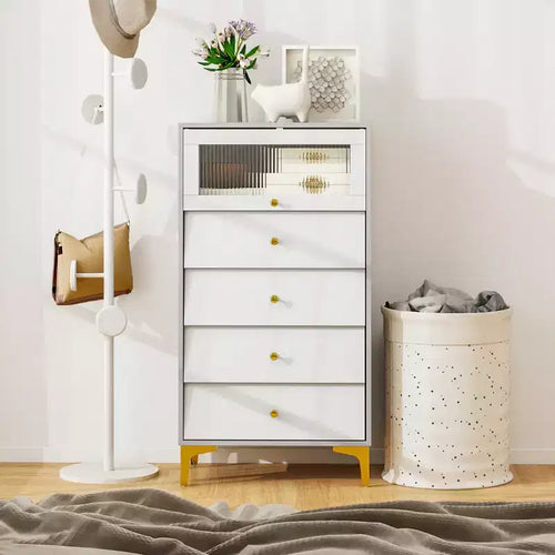 Commode 4 tiroirs avec porte en verre cannelé