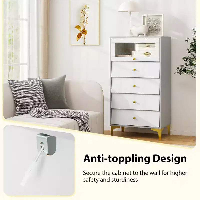 Commode 4 tiroirs avec porte en verre cannelé