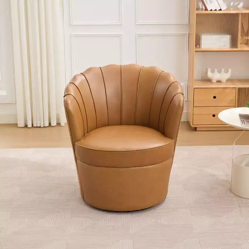 TUYOHW Petal Swivel Chair Accent Chair with Rotating Metal Base Curved Fluted Genuine Leather Wingback Desk Chair for Office Living Room