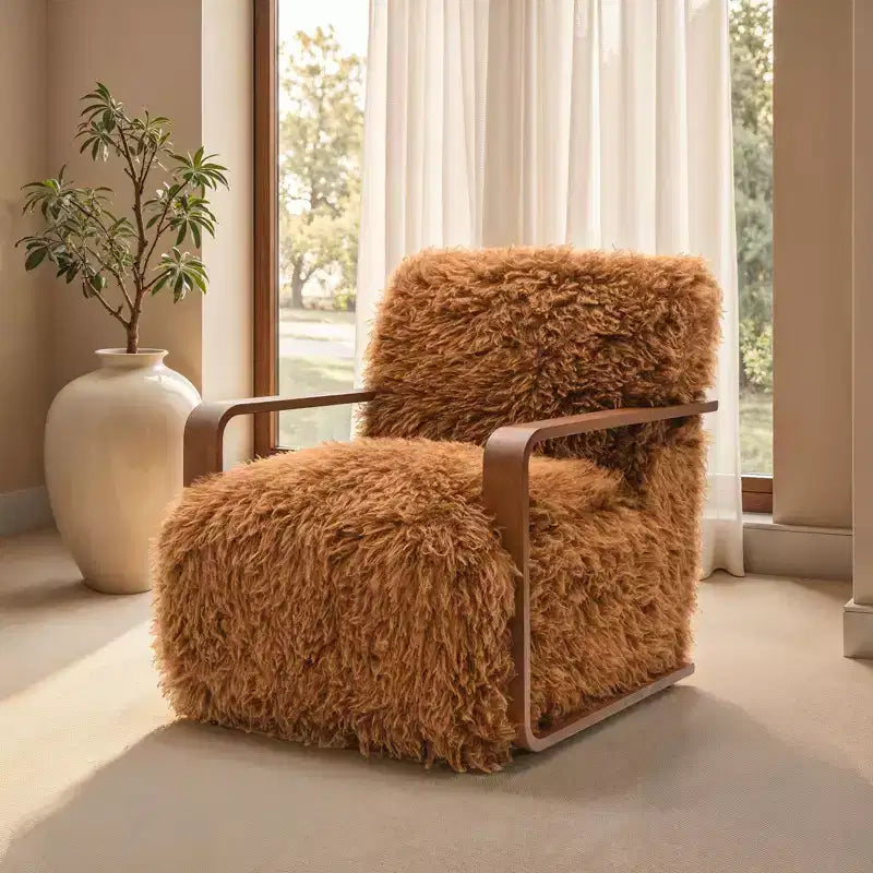 Fauteuil d'appoint en fausse fourrure, fauteuil de salon rembourré avec pieds en bois incurvés