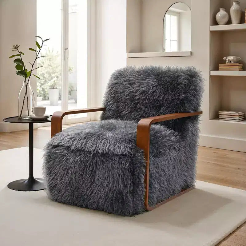 Fauteuil d'appoint en fausse fourrure, fauteuil de salon rembourré avec pieds en bois incurvés