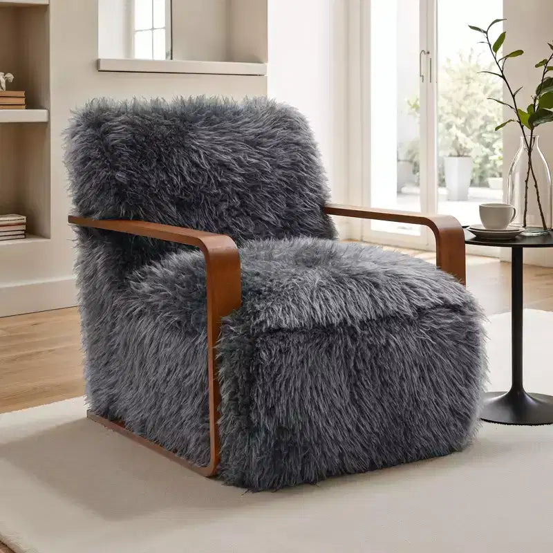 Fauteuil d'appoint en fausse fourrure, fauteuil de salon rembourré avec pieds en bois incurvés