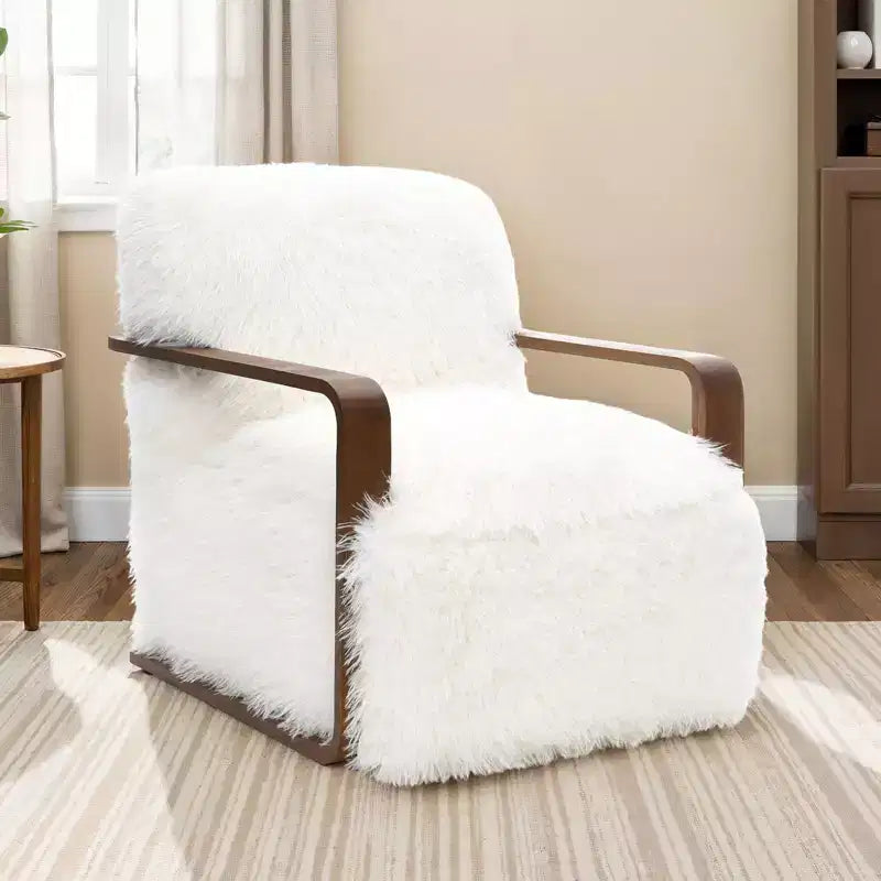 TUYOHW 28.3 Wide Faux Fur Accent Chair Upholstered Lounge Chair with Curved Wooden Arms Pocket Coil Spring Armchair for Living Room Bedroom