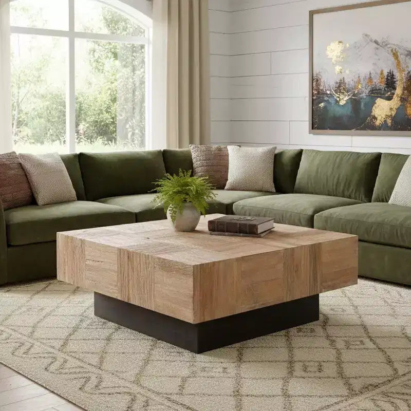 Table basse bloc carré en bois massif marron et noir