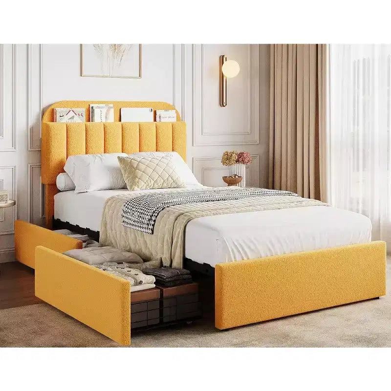 Platform Bed Frame Kids Bed Frame with Storage Headboard 2 Rolling Drawers Noise Free Bedframe No Box Spring Needed Yellow