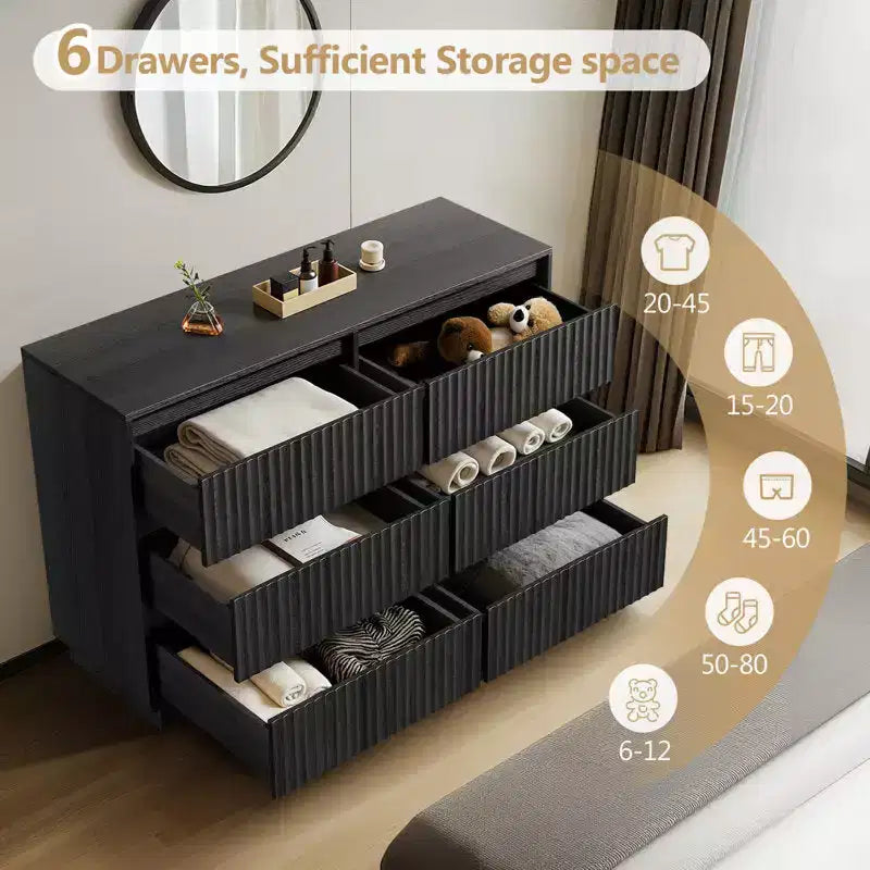 Commode double à 6 tiroirs avec panneau cannelé en forme de vague