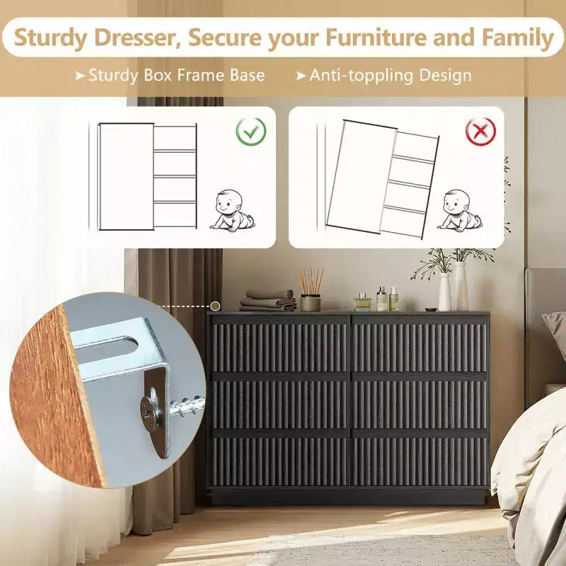 Commode double à 6 tiroirs avec panneau cannelé en forme de vague