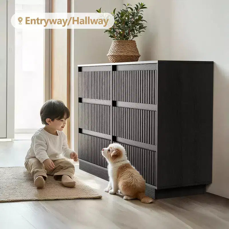 Commode double à 6 tiroirs avec panneau cannelé en forme de vague