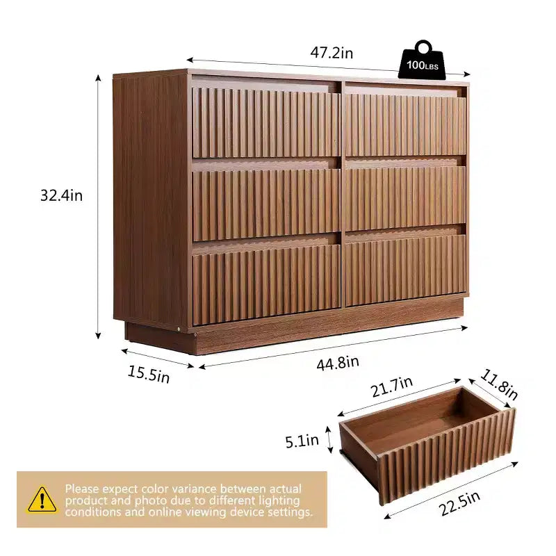Commode double à 6 tiroirs avec panneau cannelé en forme de vague
