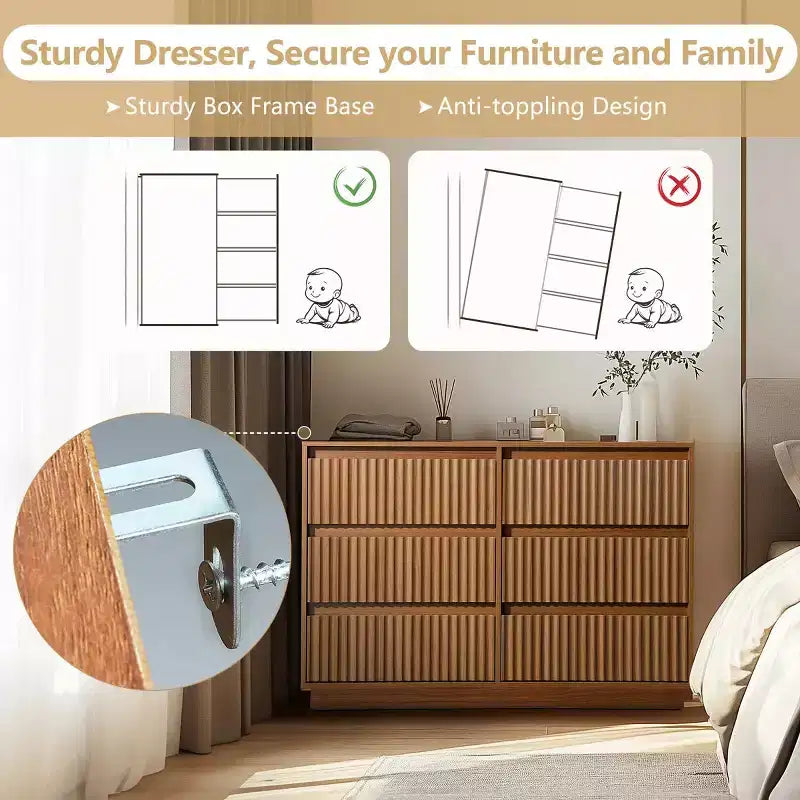 Commode double à 6 tiroirs avec panneau cannelé en forme de vague