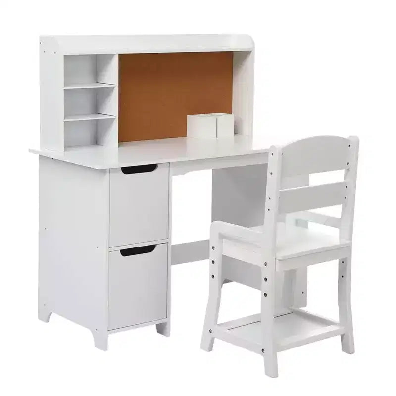 GustoWave Kids Desk and Chair Set with Bookshelf & Cork Board Wooden Study Table with Storage for Children Ages 3-8 White