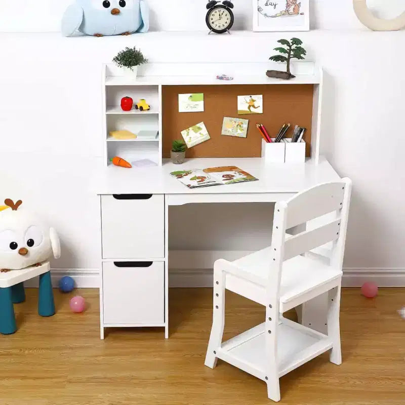 Bureau et chaise pour enfants avec étagère et tableau en liège, table d'étude en bois