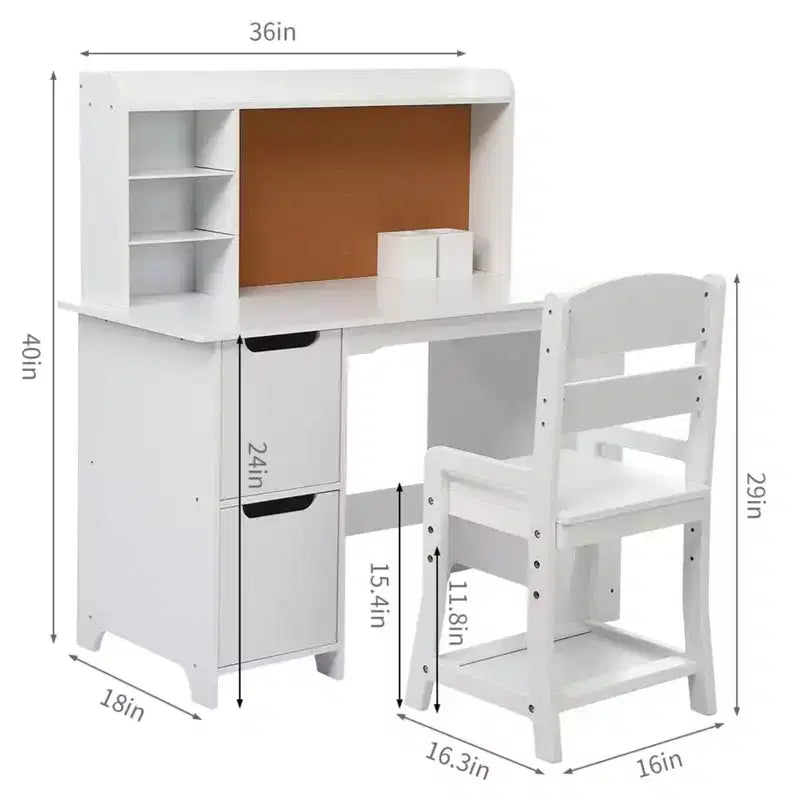 Bureau et chaise pour enfants avec étagère et tableau en liège, table d'étude en bois