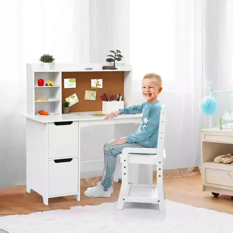Bureau et chaise pour enfants avec étagère et tableau en liège, table d'étude en bois