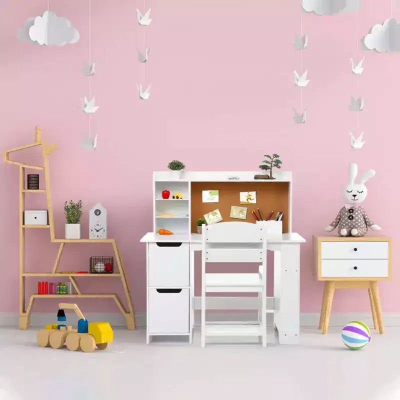 Bureau et chaise pour enfants avec étagère et tableau en liège, table d'étude en bois