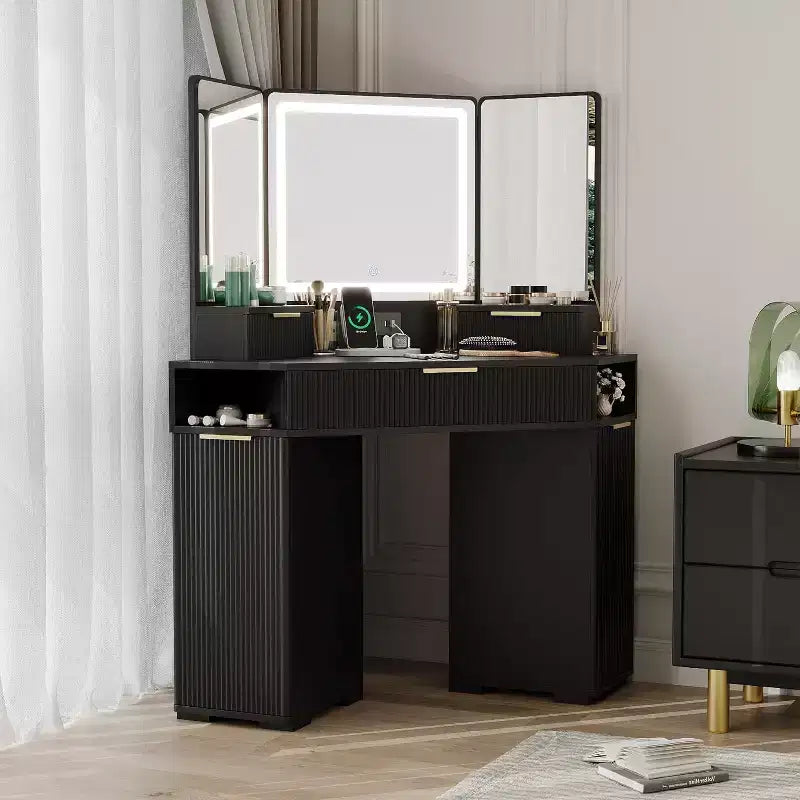 Corner Vanity Desk with 3-Fold Mirror and 3-Color Lights Fluted Makeup Table with Charging Station Drawers Storage Cabinets for Bedroom