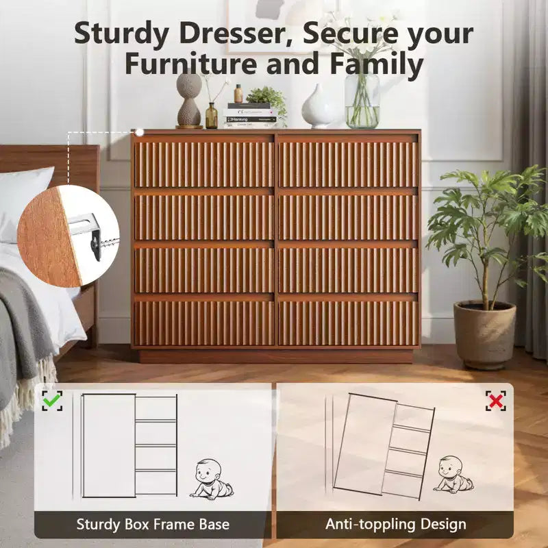 Commode 8 tiroirs avec panneau cannelé ondulé