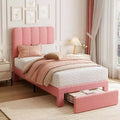 Acekool Kids Twin Bed Boucle Upholstered Bed Frame with Storage Drawer Wavy Headboard & Strong Wooden Slats No Box Spring Needed Pink