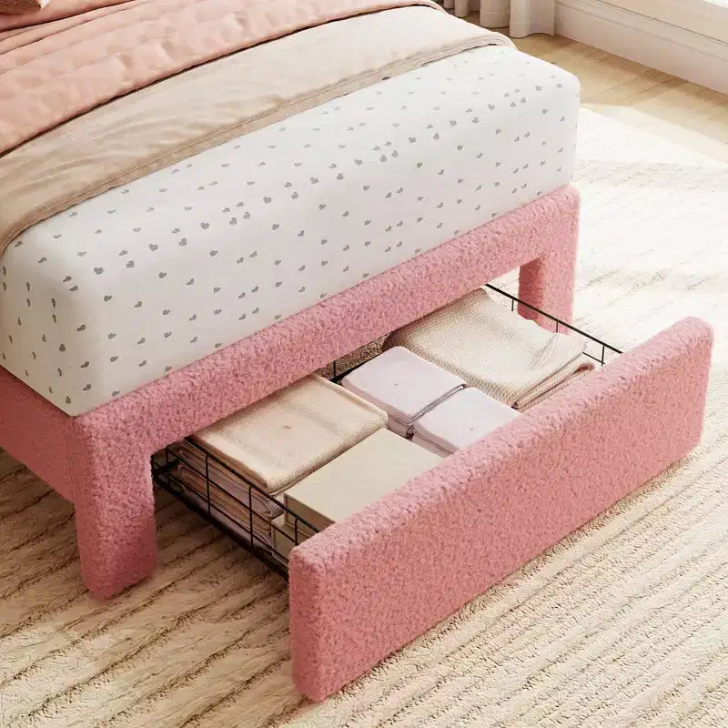 Lit enfant rembourré bouclé avec tête de lit ondulée et lattes en bois robustes