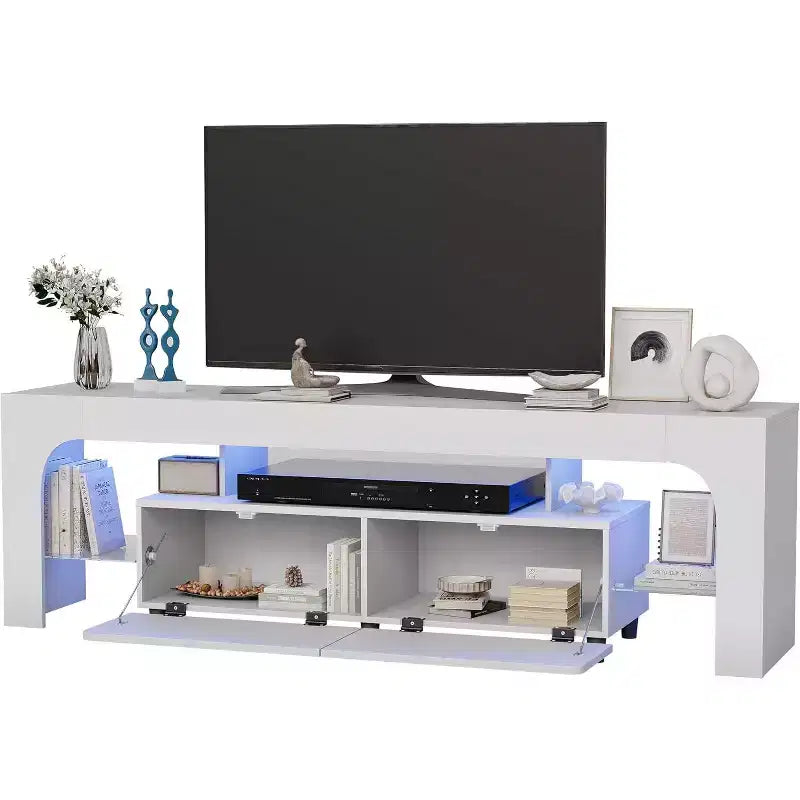 Modern TV Stand for 50-75 Inch TVs White Finish Entertainment Center with View Window and Large Storage Drawer Multi-Functional Media Console