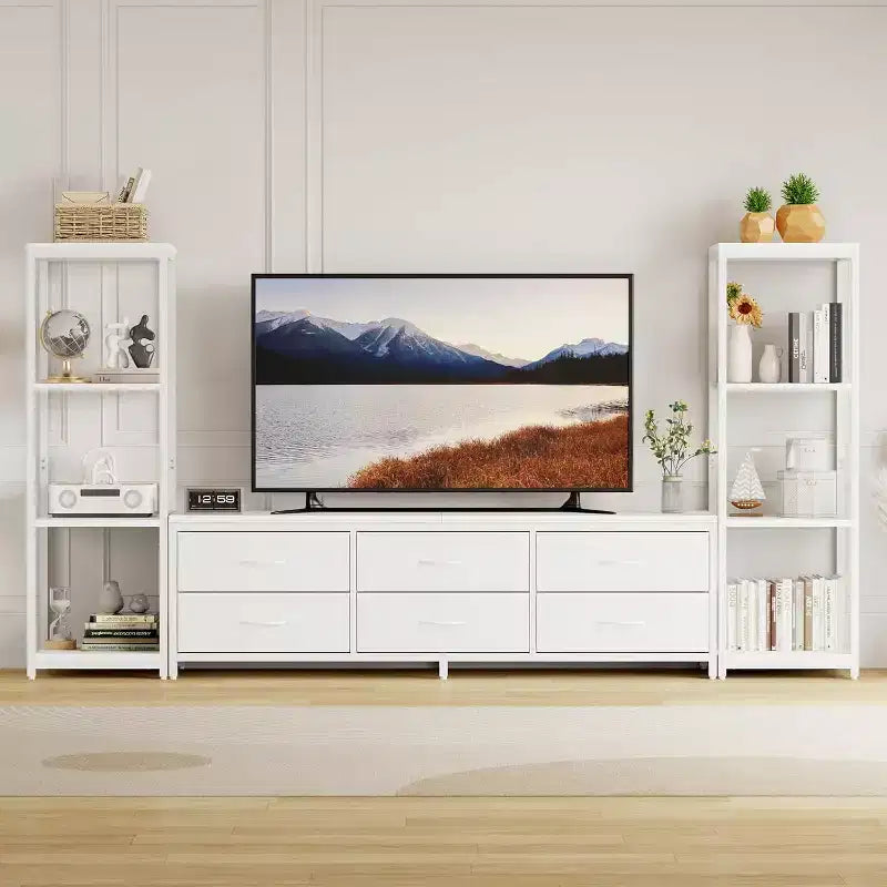TV Stands with 6 Fabric Drawers Large Entertainment Center with 2 Industrial 4-Tier Storage Shelves Modern TV Console Cabinet for Living Room