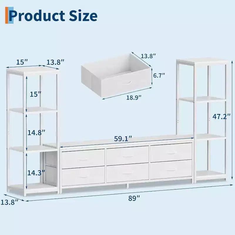 Meubles TV avec 6 tiroirs en tissu, grande taille, avec 2 étagères de rangement industrielles à 4 niveaux