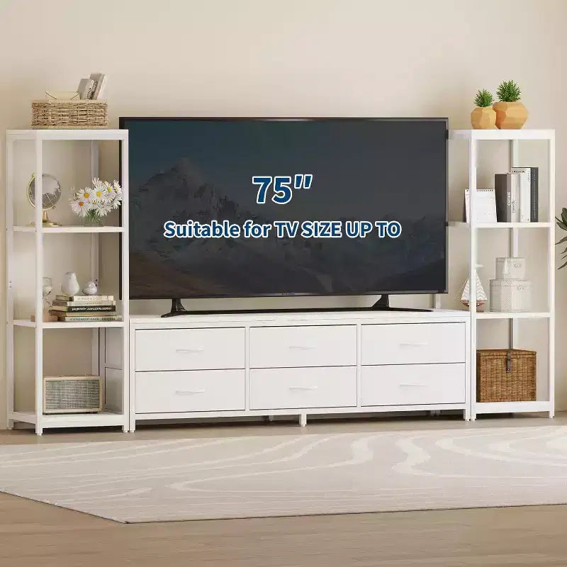 Meubles TV avec 6 tiroirs en tissu, grande taille, avec 2 étagères de rangement industrielles à 4 niveaux