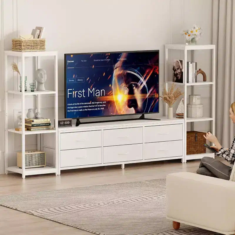 Meubles TV avec 6 tiroirs en tissu, grande taille, avec 2 étagères de rangement industrielles à 4 niveaux