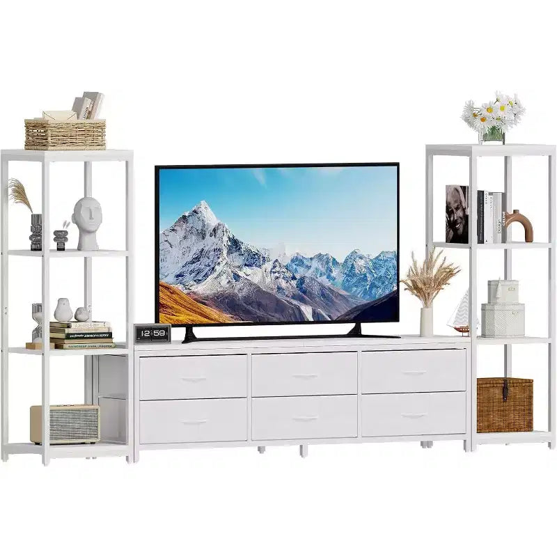 Meubles TV avec 6 tiroirs en tissu, grande taille, avec 2 étagères de rangement industrielles à 4 niveaux
