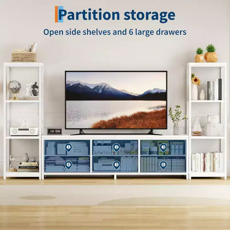 Meubles TV avec 6 tiroirs en tissu, grande taille, avec 2 étagères de rangement industrielles à 4 niveaux