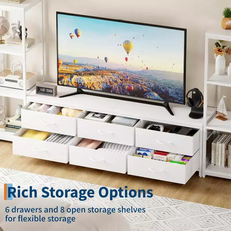 Meubles TV avec 6 tiroirs en tissu, grande taille, avec 2 étagères de rangement industrielles à 4 niveaux