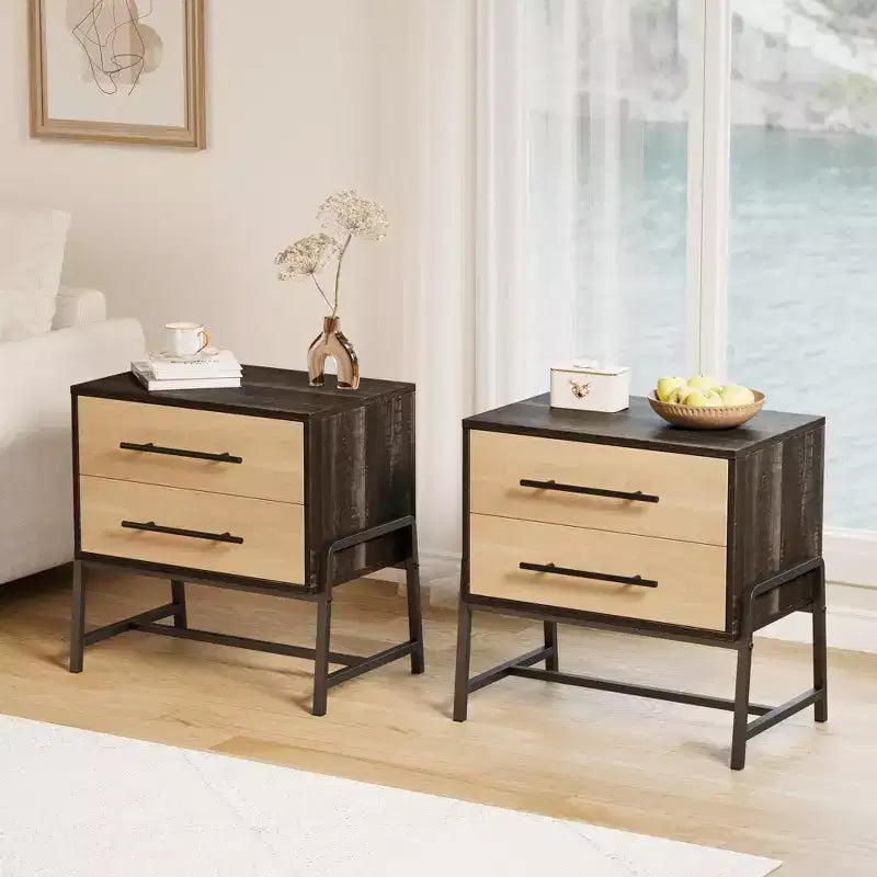 Bedside Tables Nightstand w/2 Drawers & Open Shelf Modern Side Table w/Metal Legs Compact Storage Cabinet for Small Space Apartment