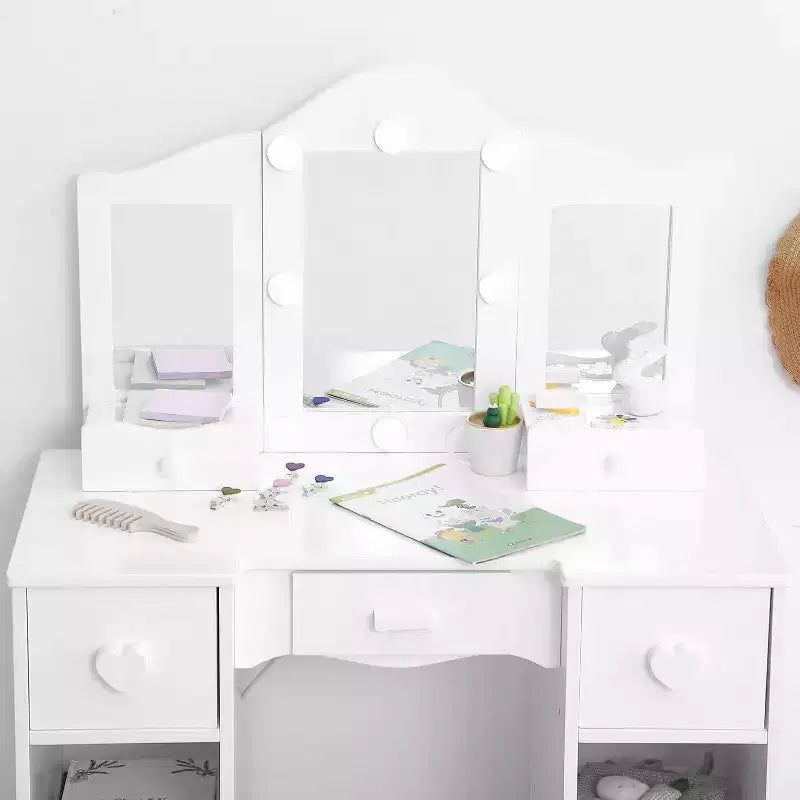 Coiffeuse pour filles avec miroir triptyque Table de maquillage et tabouret en bois 2-en-1