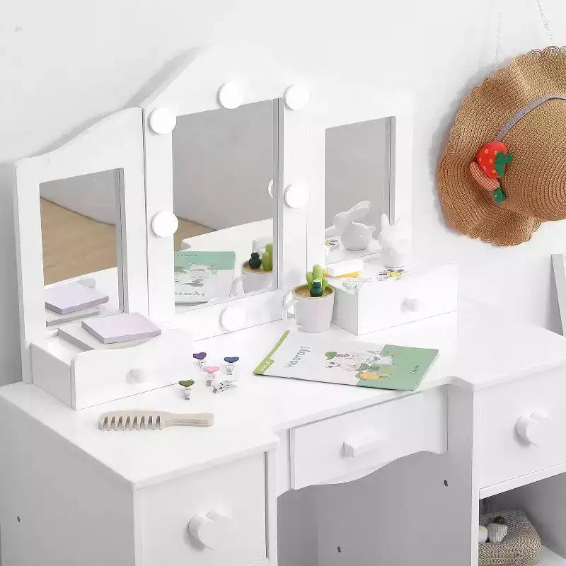 Coiffeuse pour filles avec miroir triptyque Table de maquillage et tabouret en bois 2-en-1