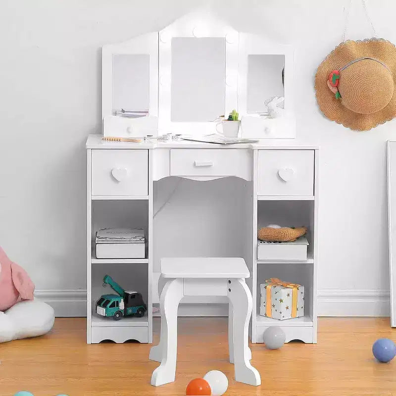 Coiffeuse pour filles avec miroir triptyque Table de maquillage et tabouret en bois 2-en-1